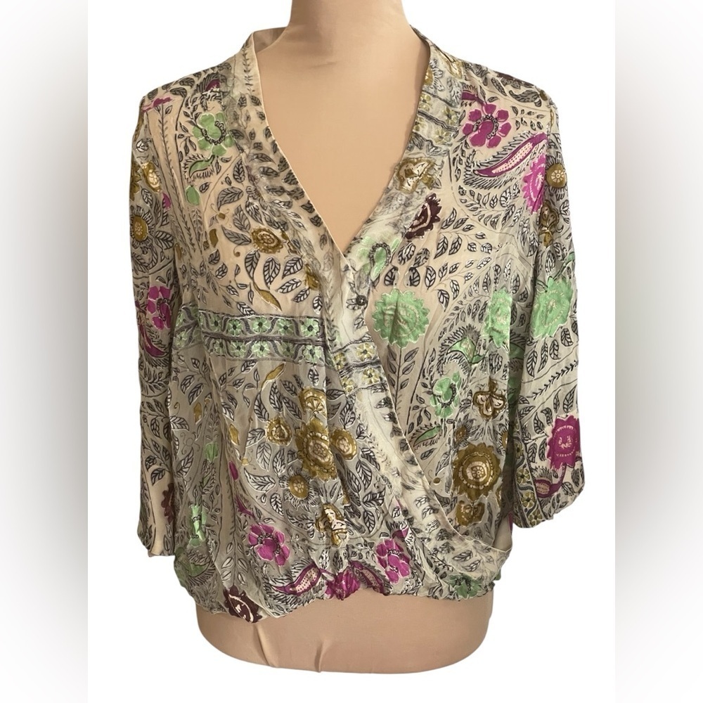 Anthropologie Floreat Japonica Floral Silk Blend Velvet Wrap Blouse Small - Picture 3 of 12